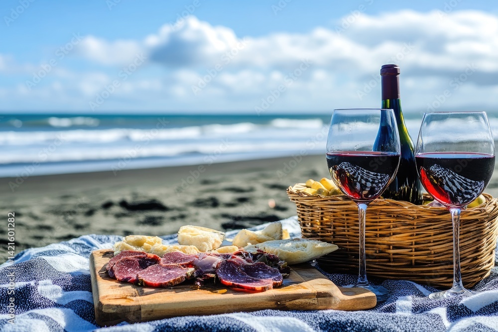 Beach picnic with wine and charcuterie
