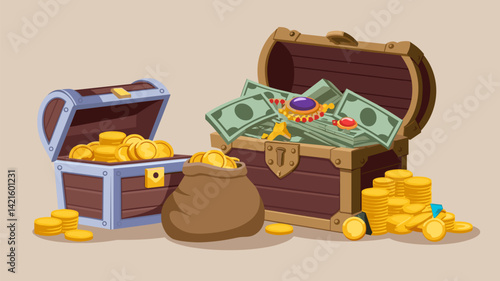 A vibrant vector illustration depicting treasure chests overflowing with gold coins, cash, and colorful jewels. Perfect for themes of wealth and adventure.