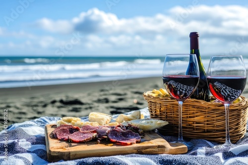 Obraz na płótnie Beach picnic with wine and charcuterie w salonie