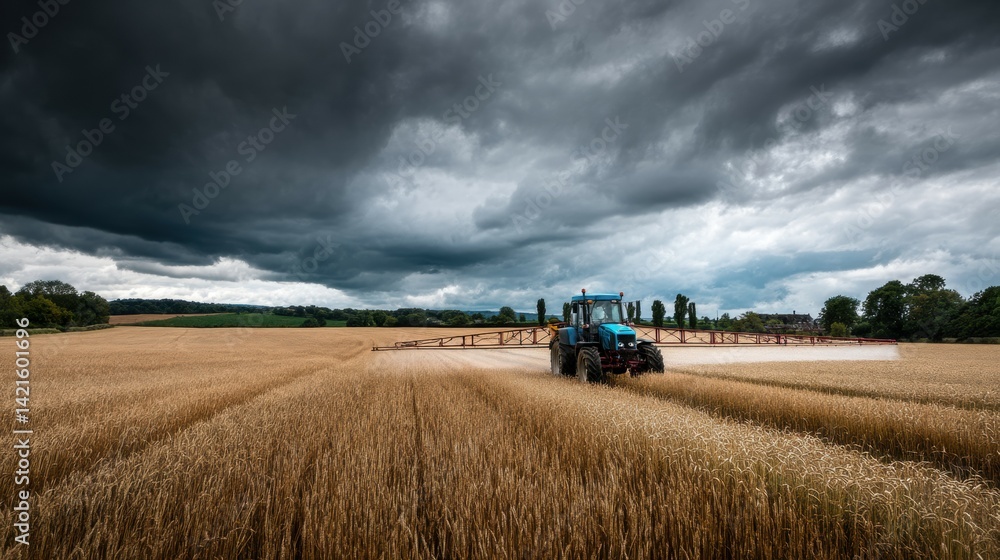A modern blue tractor with spraying arms extended on large flat wheat field A modern blue tractor with spraying arms extended on large flat wheat field