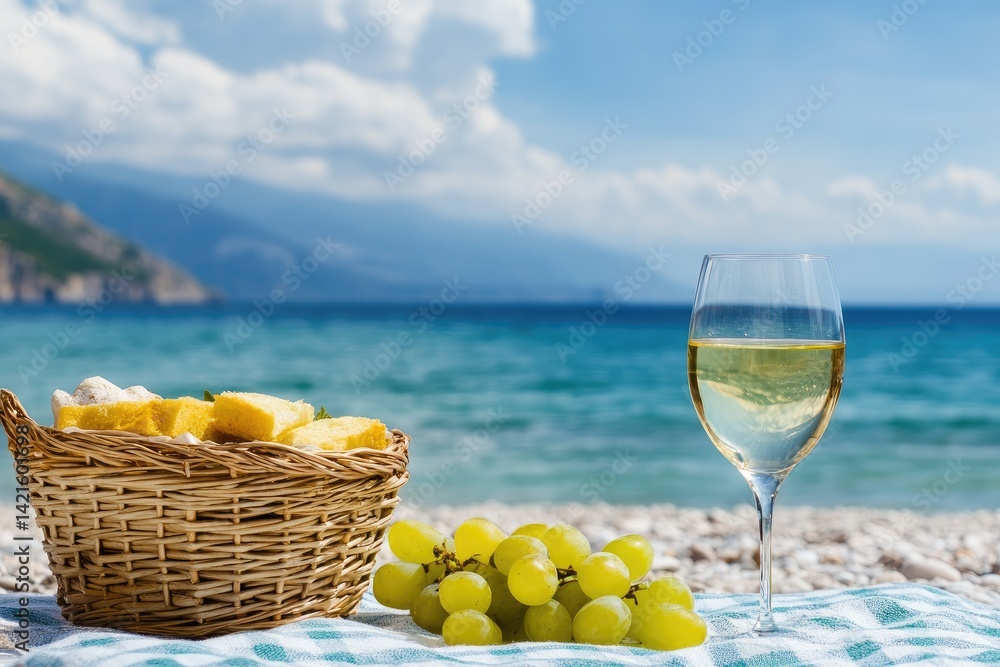 Beach picnic with wine and fruit
