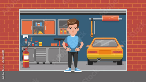 A cheerful cartoon mechanic stands confidently in a vibrant garage filled with automotive tools, equipment, and a classic orange car. Perfect for automotive or DIY themes.