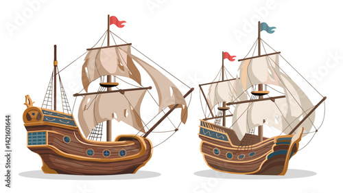 Explore this vibrant vector art featuring two traditional pirate ships with sails, vibrant flags, and intricate hull designs. Perfect for nautical themes and maritime projects.