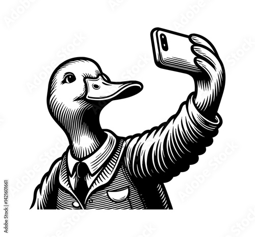Duck teal goose and swan taking a selfie photo using smartphone for social media fun