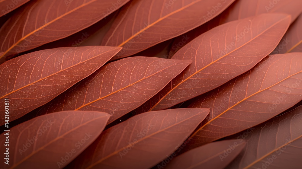 Obraz premium Repeating pattern of reddish leaves with visible veins, evenly spaced apart