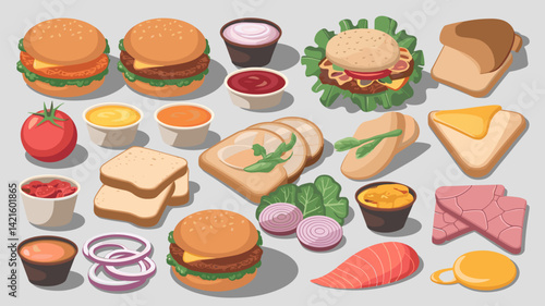 A vibrant collection of vector food elements including burgers, condiments, vegetables, and sides. Perfect for food-related designs and promotions.