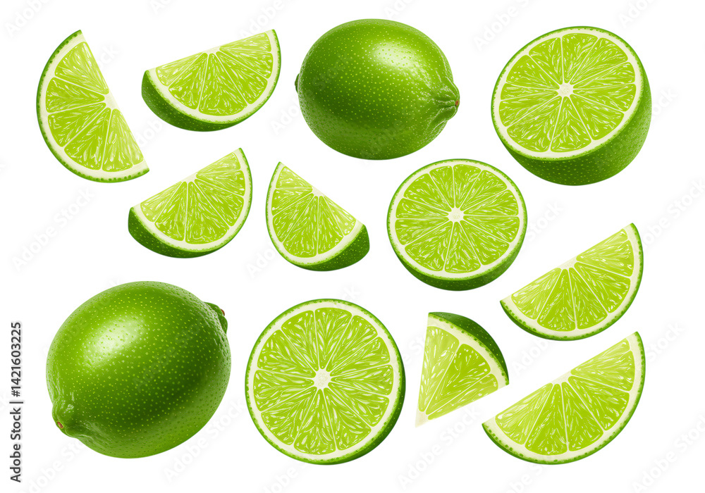 Fresh whole and sliced green limes isolated on a white background. Perfect for summer drinks, citrus recipes, and natural tropical food concepts. Fresh whole and sliced green limes isolated on a white background. Perfect for summer drinks, citrus recipes, and natural tropical food concepts.