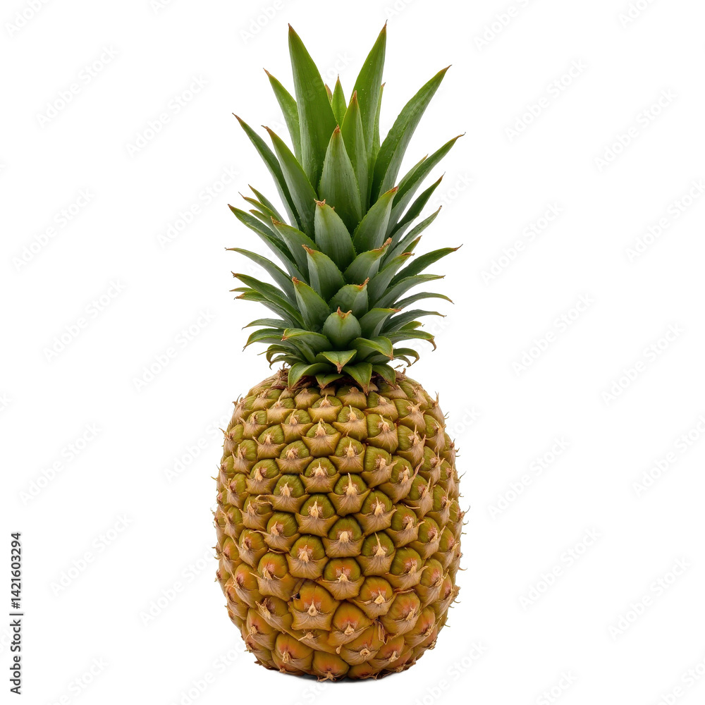 A fresh pineapple with green leaves on top, isolated on a transparent background. A fresh pineapple with green leaves on top, isolated on a transparent background.
