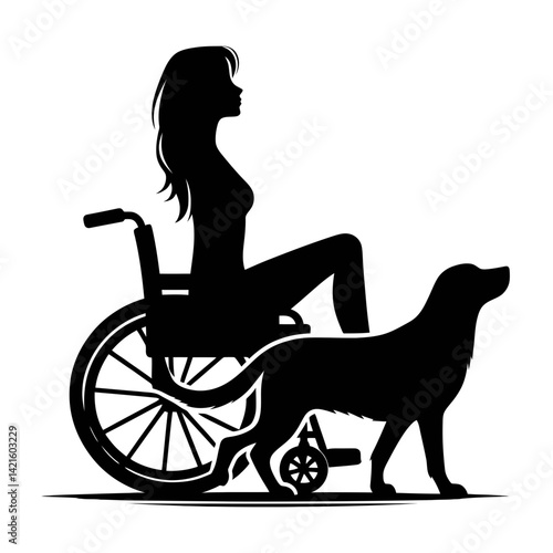 Vector Full Body Silhouette of Woman in Wheelchair with Dog on White Background