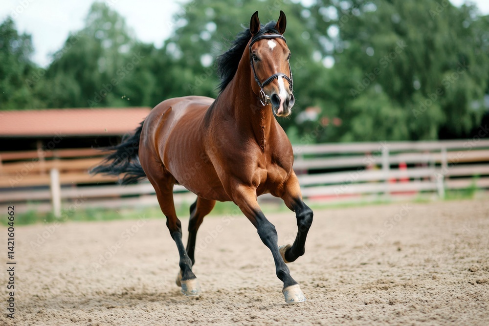 Obraz premium Brown horse running in arena