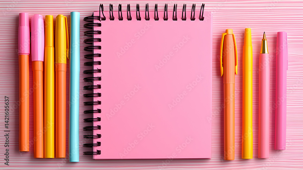 Obraz premium Pastel Pink Notebook and Colorful Pens on Wooden Desk