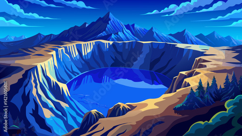 A deep blue crater lake lies nestled within rugged volcanic cliffs, silent and still