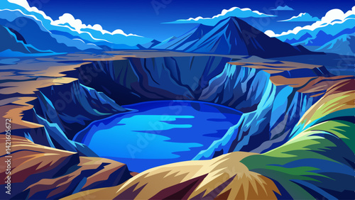 A deep blue crater lake lies nestled within rugged volcanic cliffs, silent and still