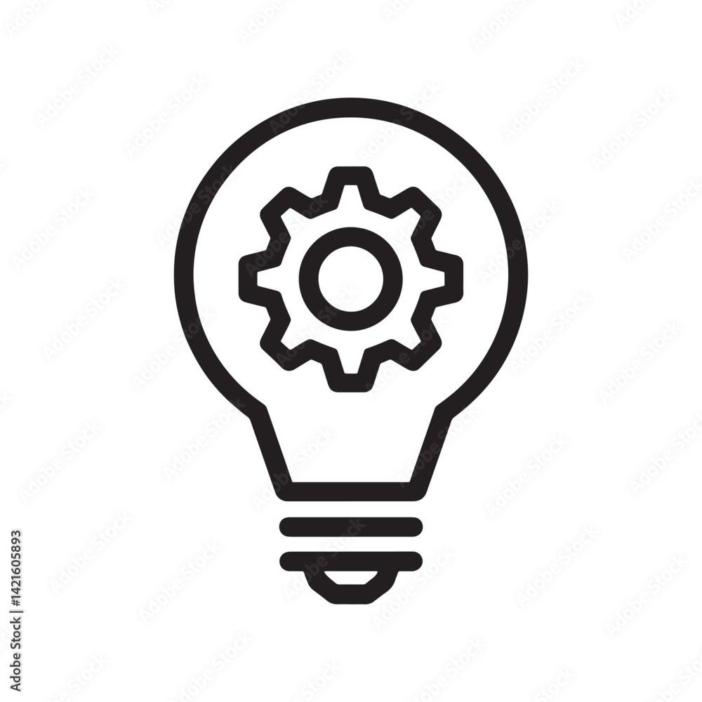 Black Light Bulb Icon with Embedded Gear Representing Innovation, Engineering, and Technology for Problem-Solving, Creative Thinking, Editable Vector Illustration Isolated on a White Background