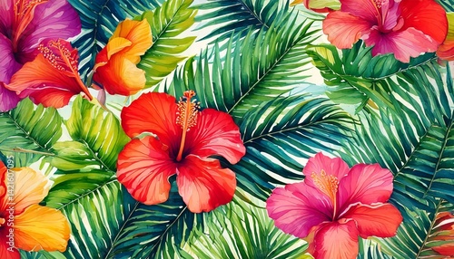 Tropical hibiscus flowers and green palm leaves repeat pattern background, summer watercolor wallpaper