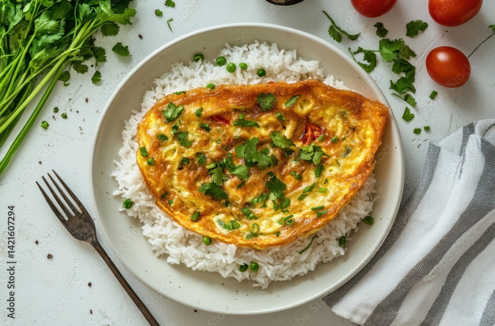 Fluffy Thai omelette served over steaming jasmine rice Fluffy Thai omelette served over steaming jasmine rice