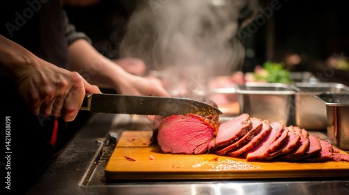 A juicy slice of roast beef being carved with a knife on a cutting station