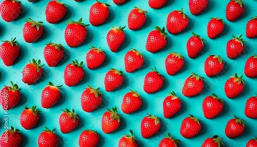 Juicy red strawberry repeat pattern on a bright turquoise blue background, colorful summer fruit wallpaper 