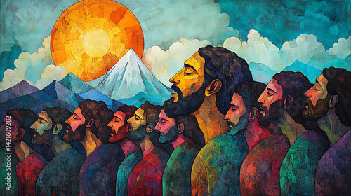 Jesus framed by a radiant sky, speaking calmly as the twelve show overwhelming emotion—hands clasped, eyes closed, some with tears streaming,