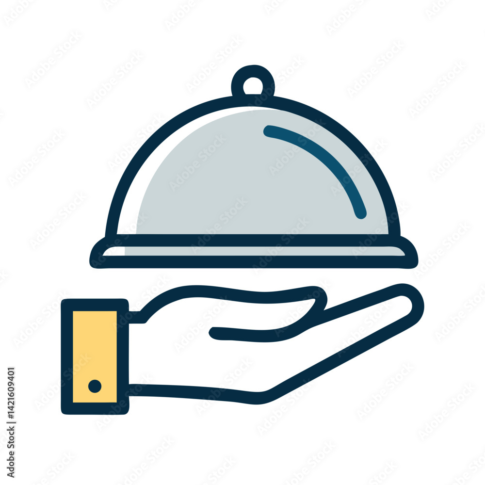 Fototapeta premium Hand with Cloche Icon Representing Hospitality Service and Fine Dining