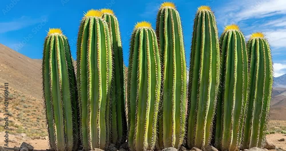Tall cylindrical cactus group desert landscape