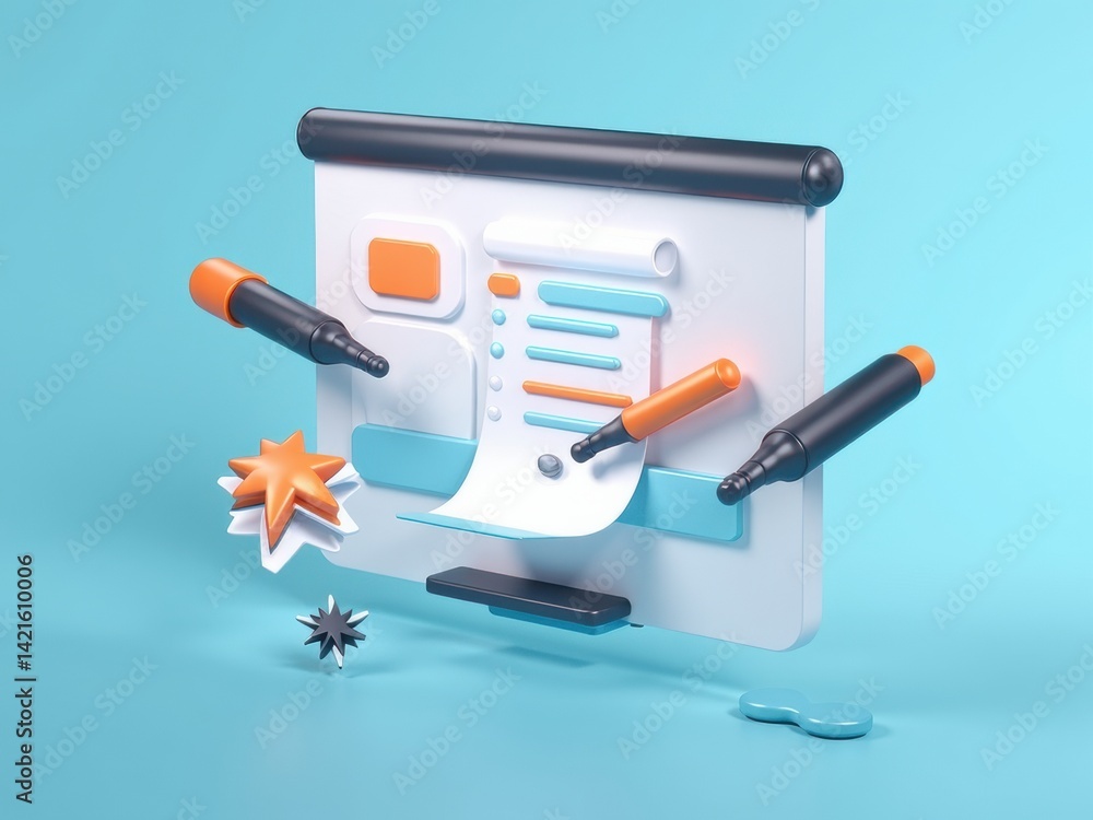 A 3D icon of a whiteboard with floating markers and a business plan sketch, clean and creative office concept.