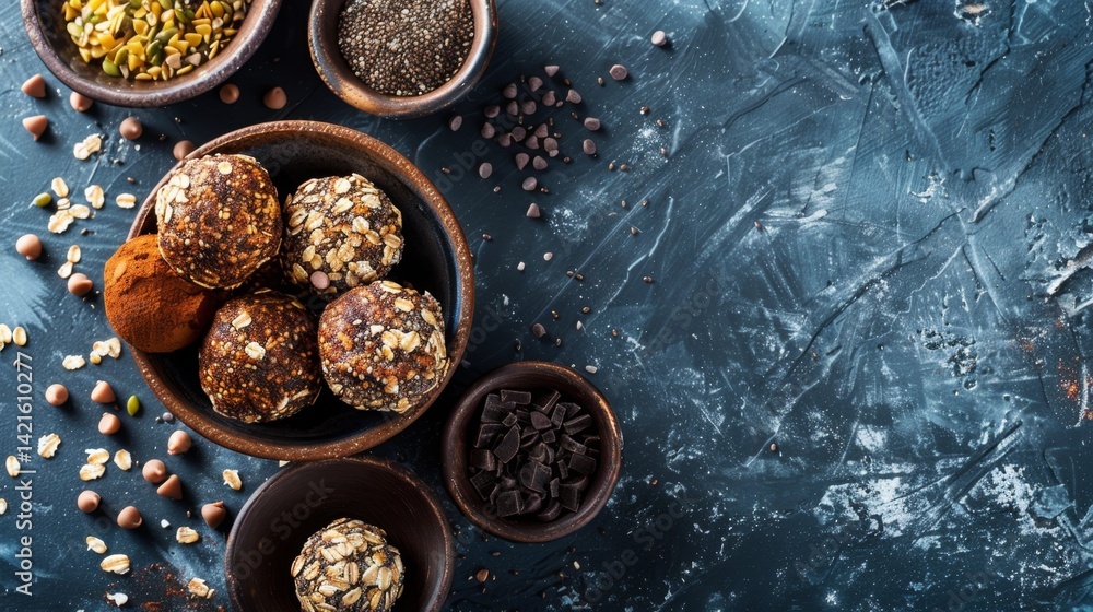 A top-down shot of homemade energy bites made with oats, peanut butter, chia seeds, and dark chocolate chips. A top-down shot of homemade energy bites made with oats, peanut butter, chia seeds, and dark chocolate chips.