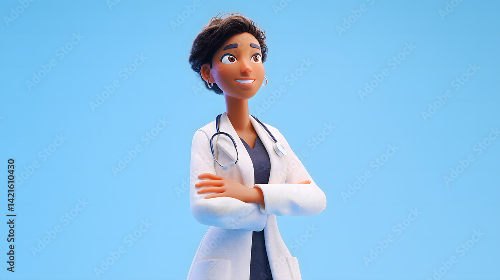 Confident 3D black female doctor in white lab coat, smiling with arms crossed on soft blue background. Empowering healthcare concept in stylized minimal toy aesthetic. Confident 3D black female doctor in white lab coat, smiling with arms crossed on soft blue background. Empowering healthcare concept in stylized minimal toy aesthetic.