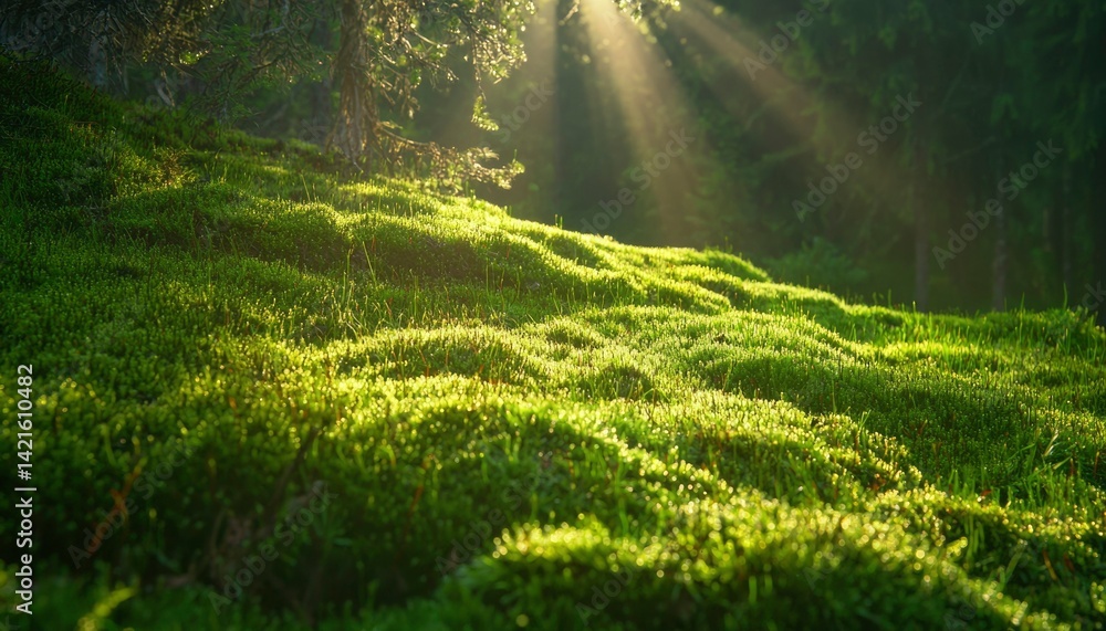 Sunlight streams through forest on mossy ground