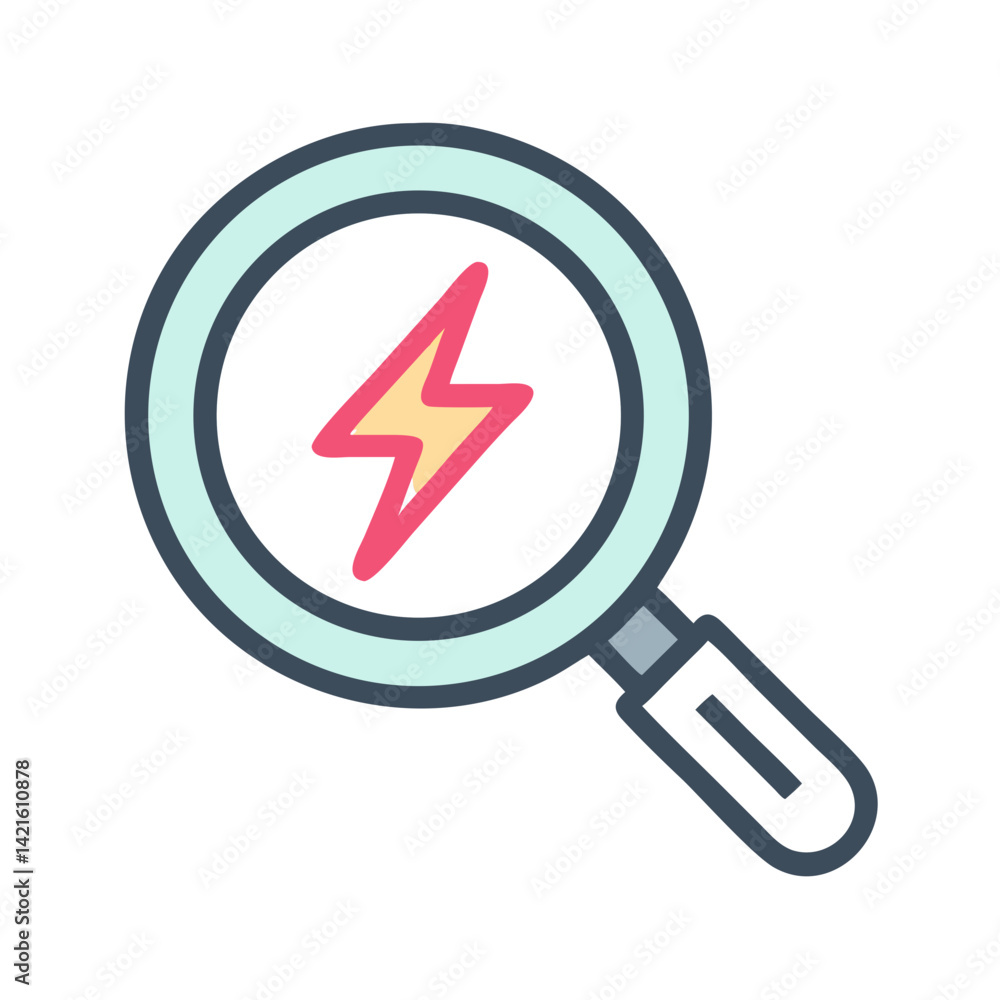 Magnifying Glass with Bolt Icon Representing Energy Analysis and Power Inspection Magnifying Glass with Bolt Icon Representing Energy Analysis and Power Inspection