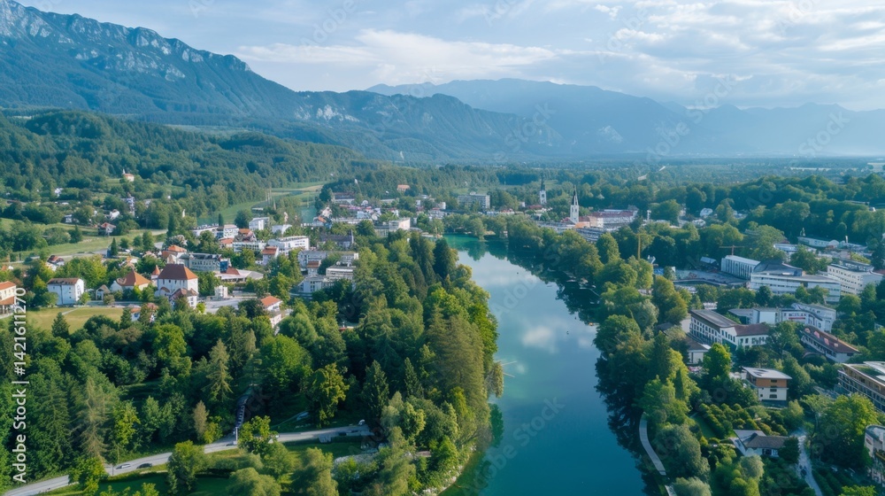 Fototapeta premium Scenic town of Bled with its tranquil glacial lake,greenery, and alpine backdrop. A top destination in Slovenias Upper Carniola region