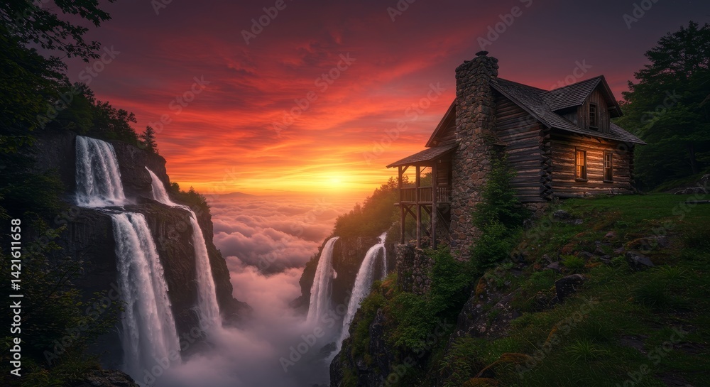 Fototapeta premium Serene log cabin nestled among waterfalls with sunset above the clouds vista