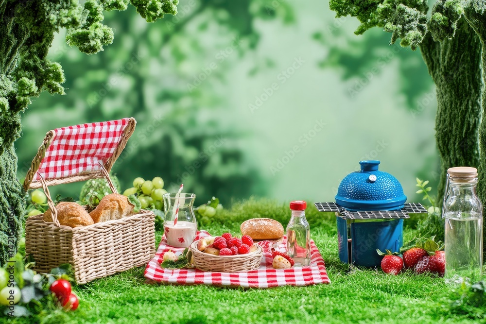 Picnic basket, food, grill, nature