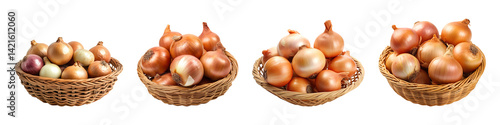 Collection of onion baskets with onions isolated on transparent background