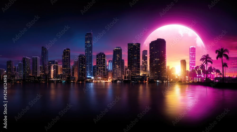 Fototapeta premium Vibrant city skyline at sunset with a surreal moonrise