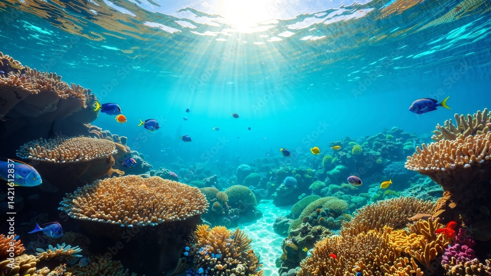 Fototapeta premium The image shows a vibrant coral reef with a variety of colorful fish swimming around it. The water is crystal clear