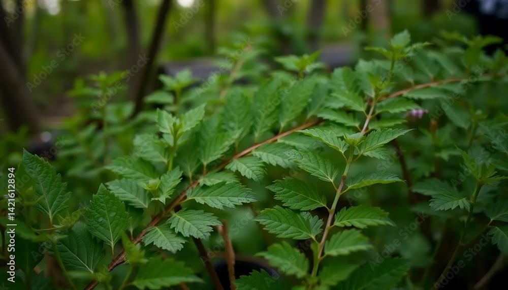 Obraz premium Lush Green Foliage: A Close-Up View of Vibrant Leaves and Delicate Branches