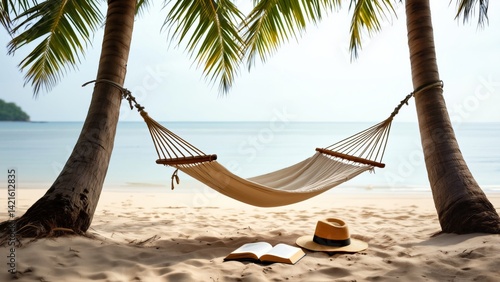 The image shows a hammock tied between two palm trees on the beach