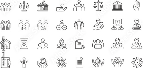 Social and policy line icons set. community, regulation, rights, governance icons. vector illustration