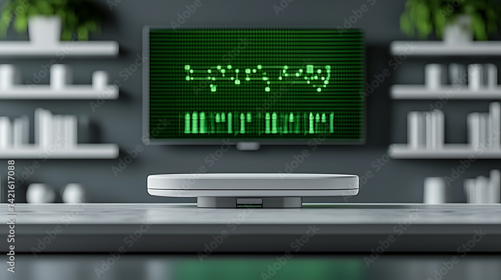 Modern workspace featuring a sleek device on a table with a digital display in the background Modern workspace featuring a sleek device on a table with a digital display in the background