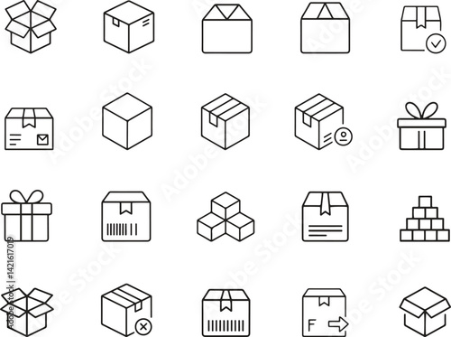 Box and unboxing line icon set. packaging, delivery, shipping, product reveal icons. vector illustration