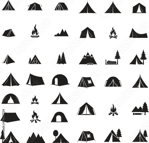 Silhouette Camping Tent Icons Set. Outdoor, Adventure, Hiking, Set, Camping Tent Logo, Travel, Nature, Icon. Vector Illustration