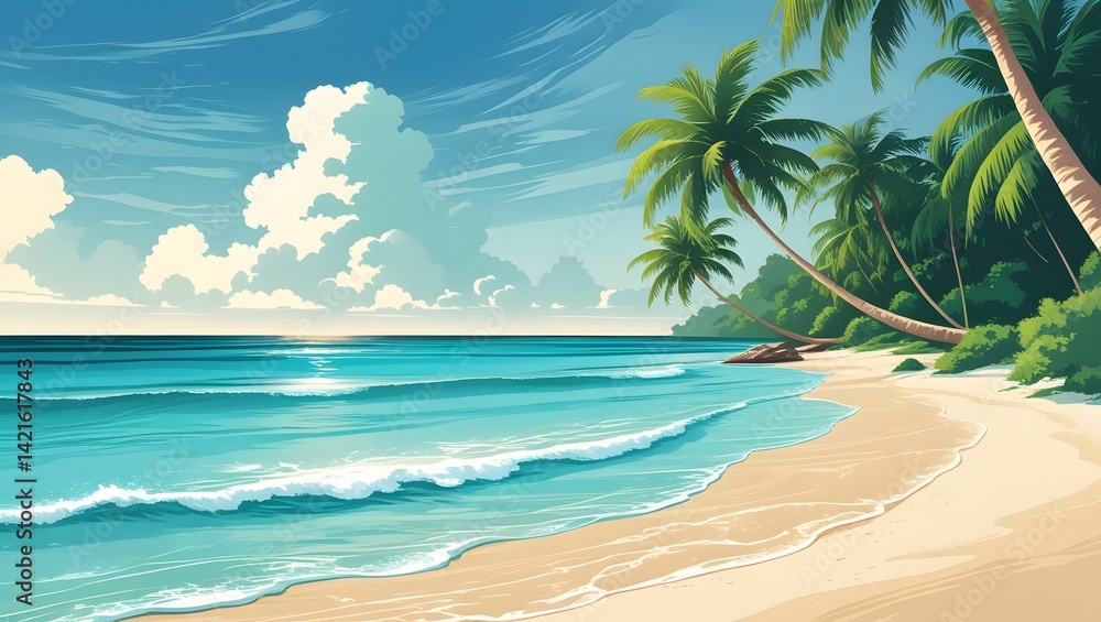 Obraz premium Tranquil Tropical Beach with Palm Trees, Clear Waters, and Bright Blue Sky