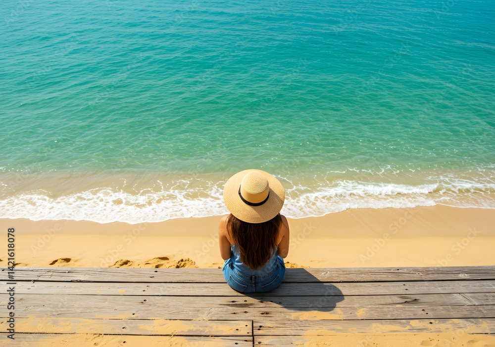 Woman in sun hat contemplates serene ocean view summer vacation relaxation