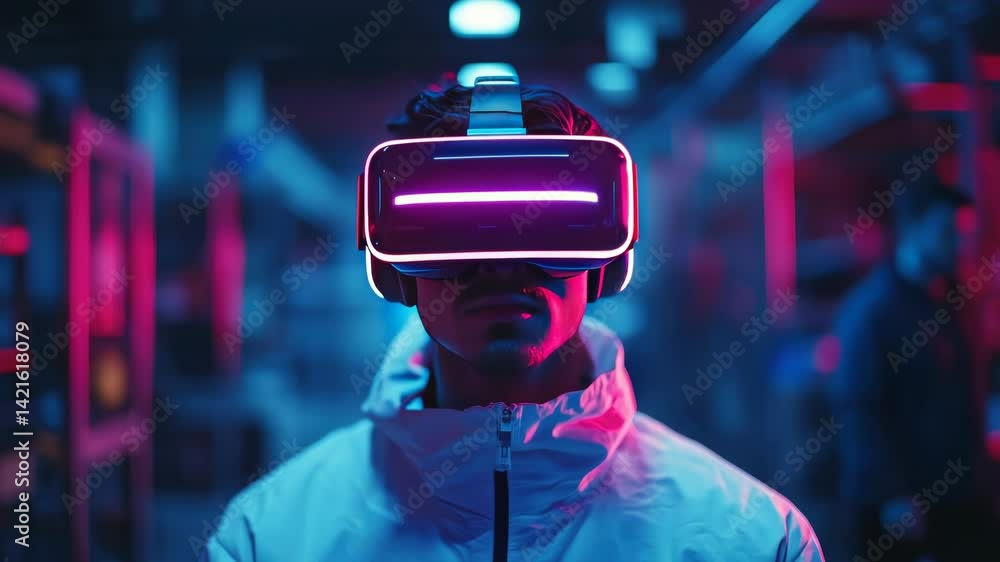 Industrial worker in a dark factory environment wearing an orange VR headset, immersed in a virtual training simulation. Augmented reality in manufacturing and automation Industrial worker in a dark factory environment wearing an orange VR headset, immersed in a virtual training simulation. Augmented reality in manufacturing and automation