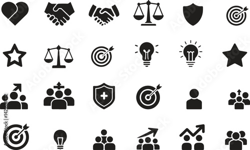 Silhouette Core Values Icons Set. Trust, Teamwork, Target Logo, Icon. Vector Illustration