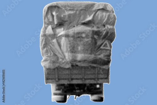 rear view over loaded truck covered with tarpaulin pixelate grayscale color halftone dotted texture style collage element isolated on blue background