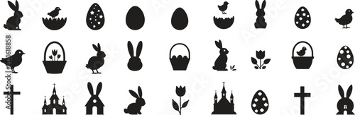 Silhouette Easter Icons Set. Bunny, Egg, Spring, Holiday, Set, Celebration Logo, Icon. Vector Illustration