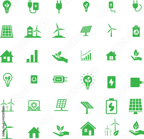 Energy Efficiency Icons Set. Power Saving, Eco, Sustainable, Green Energy Logo, Icon. Vector Illustration