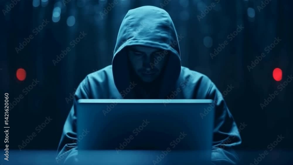 A mysterious figure hacker in a hoodie works on a laptop.